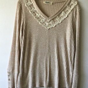 Haptics by Holly HarperBeige Ribbed Sweater with Lace Trim